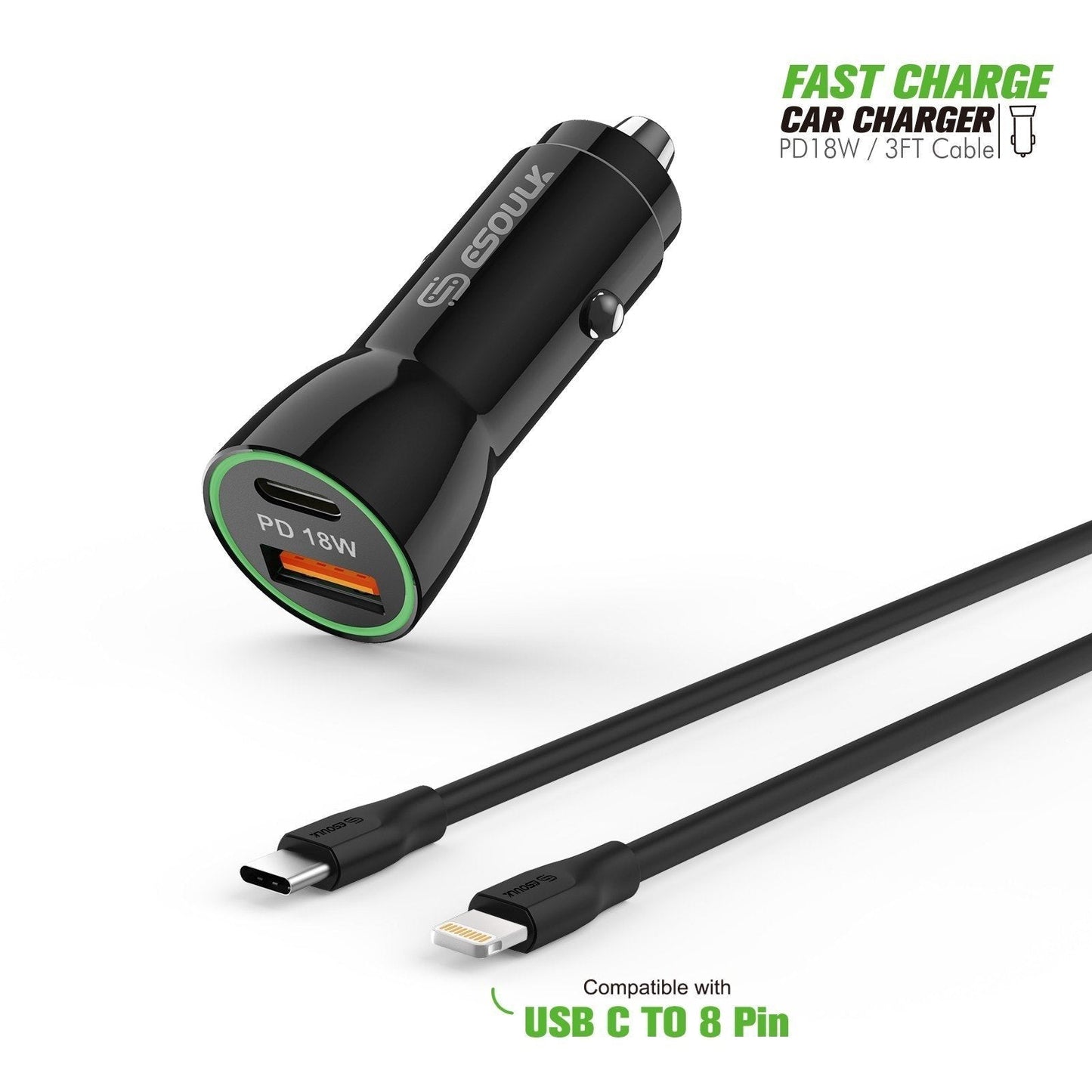 Esoulk Black 18W PD Charger & USB-A 3ft C To iPhone Cable